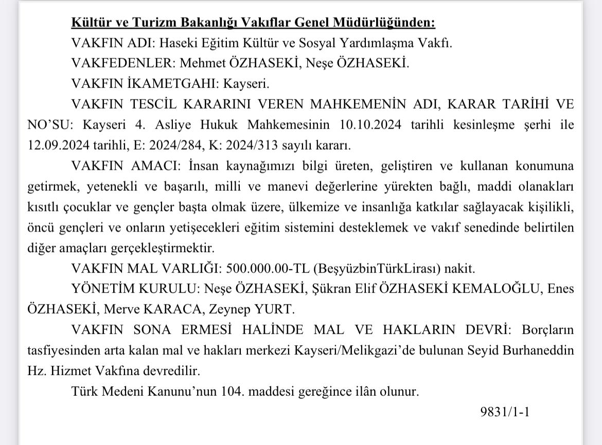 Haseki Eğitim Kültür ve Sosyal Yardımlaşma Vakfı kuruldu